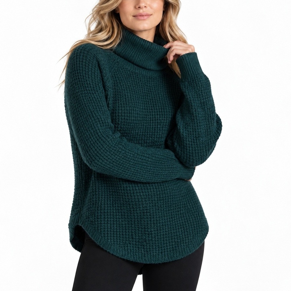 KUHL Sienna Pullover Sweater Cowl Neck Chunky Waffle Knit in Dark Green. Size L